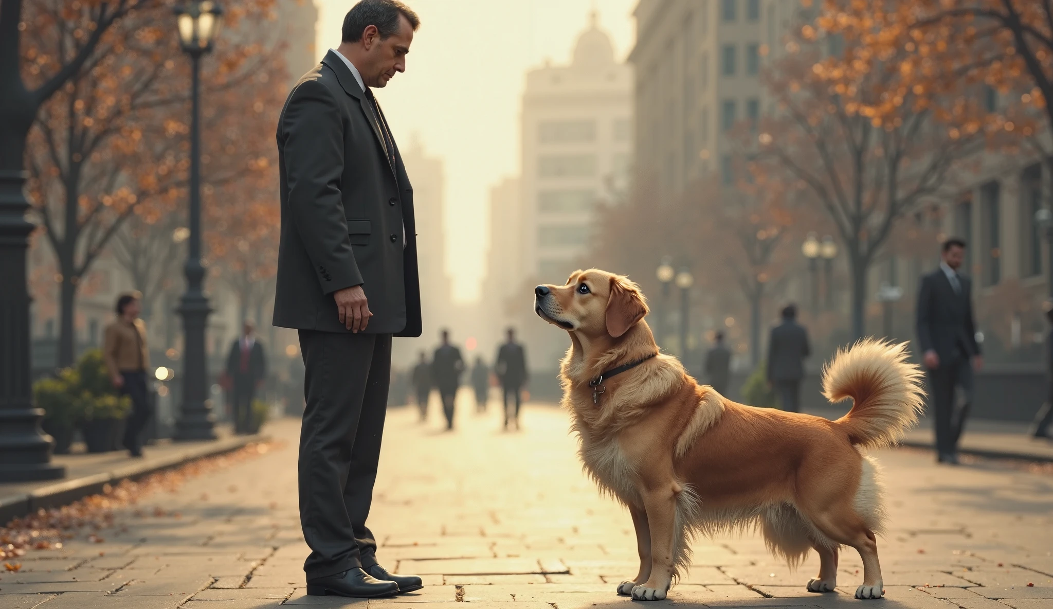 Yellow Labrador wearing a suit and tie sitting on a park bench with his head down