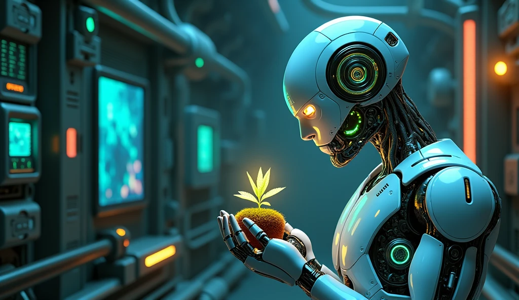very relaxed female robot with a cannabis flower in her hand