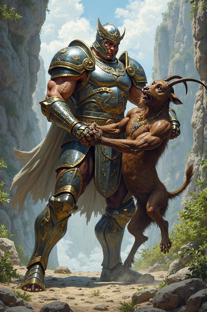 A realistic image of the Beast from the movie Beauty and the Beast, super muscular giant, with muscular arms, blue eyes, a tail, super furry with brown fur, horns facing backwards, wearing a yellow and blue X-Men uniform, with veins bulging, barefoot, in the garden of his castle, seen from the front showing his strength, lifting two extremely large and heavy alters