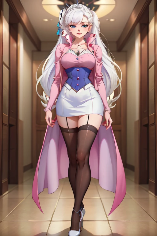 (((A girl with pink hair wears a long white dress))),(((standing on your feet))),(((legs are open)))(((huge tit))),((( in class room))),(((Take off your underwear))),(((Shyness blush)))