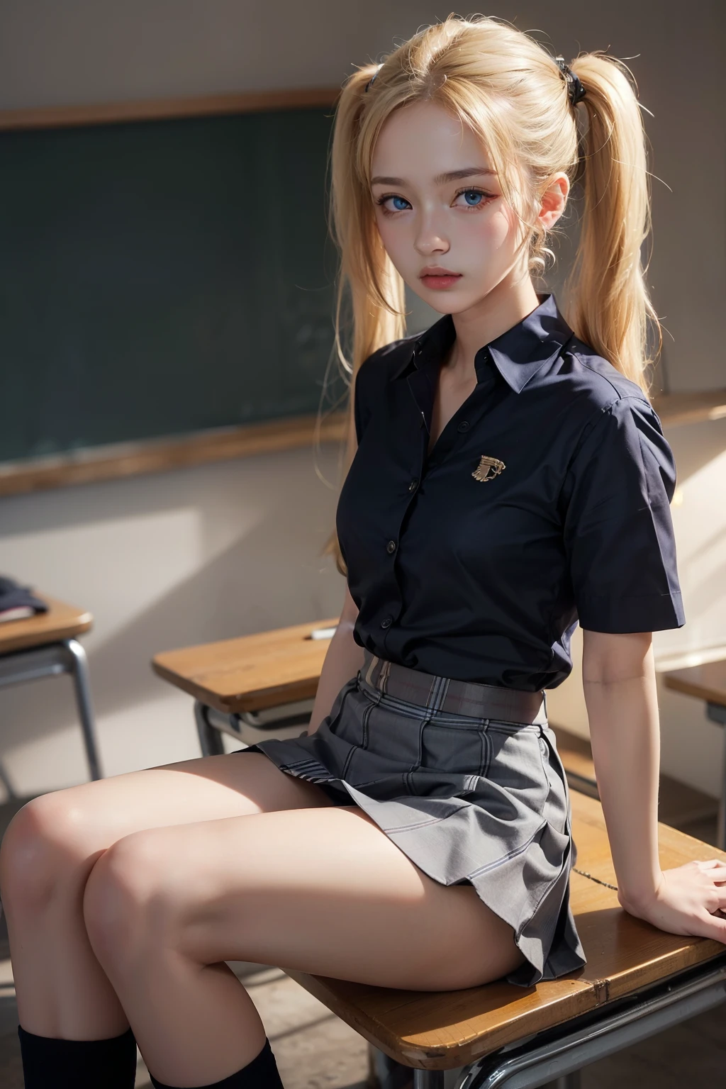 Slavic girl 18 years old, blonde hair, petite, slim, long hair, dark red lips, photorealistic, School girl sexy uniform, slender abs, double eyelids, sticks out her ass