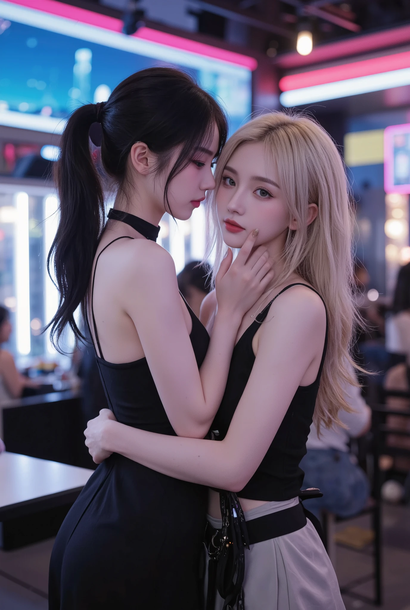 (masterpiece), best quality, expressive eyes, perfect face, black stocking, black tanktop, little smile , gloves, blonde, armpit, straddle, tight tanktop, big boobs, necklace, earing, punk, rock, emo, long hair, , , tattoo, Korean girl, night life, strip club, 2 girls, hug, kissing, grab boobs