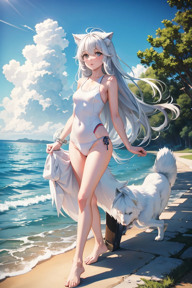 Tokidoki Bosotto a beautiful girl in a white bikini on the beach, playing with the sand, long eyelashes, detailed eyebrows, a white horse, blue eyes, pale skin, (best quality,4k,8k,highres,masterpiece:1.2),ultra-detailed,(realistic,photorealistic,photo-realistic:1.37),detailed portrait,beach,seascape,blue sky,golden sun,ocean waves,white sand,white bikini,long hair,detailed eyes,detailed lips,detailed face,delicate features,elegant pose,graceful movement,white horse,beautiful white horse,white mane,white tail,majestic,tranquil atmosphere,warm lighting,vibrant colors,soft focus