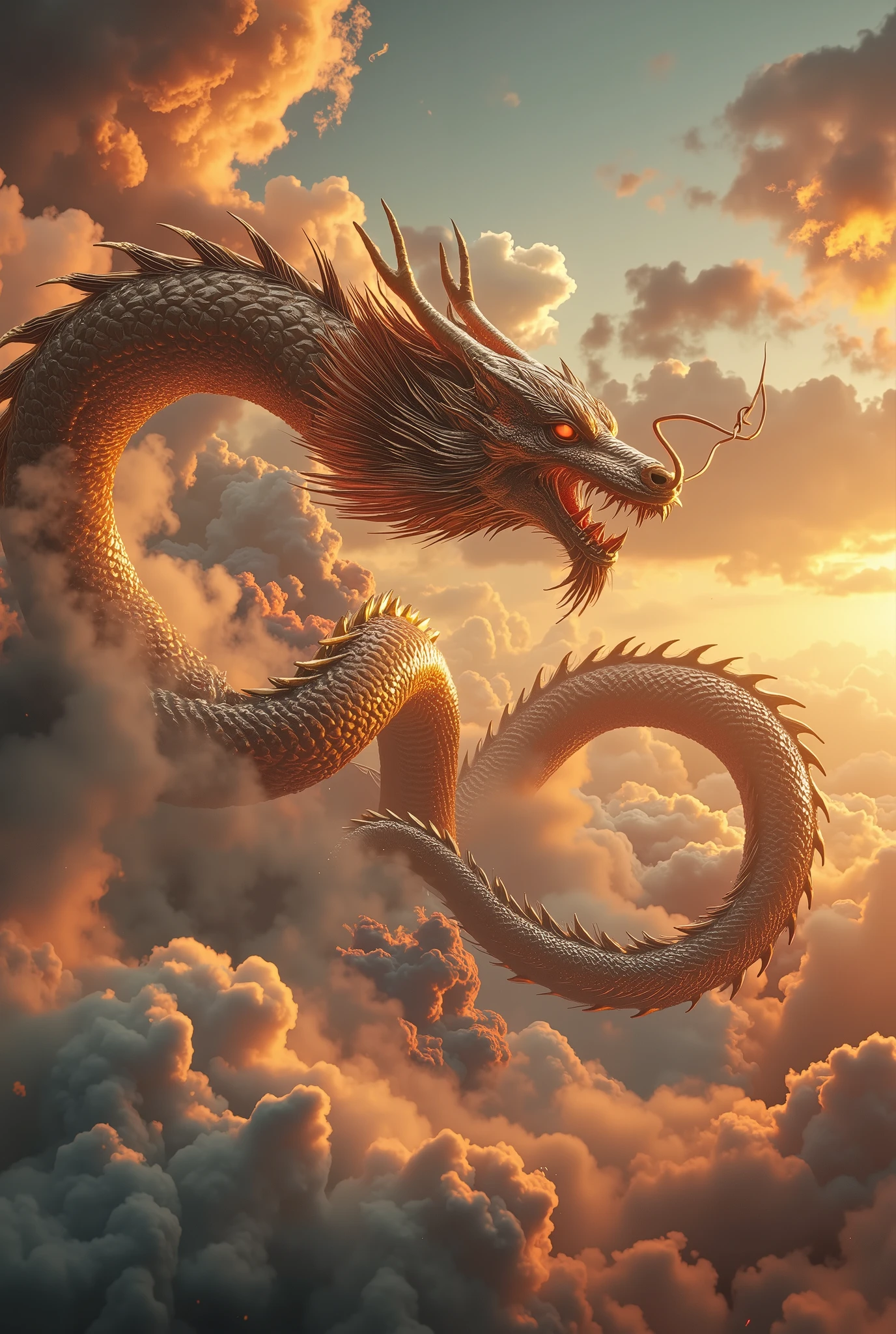 Create a Chinese dragon with its body forming the symbol of infinity, in a dystopian sky, among multicolored clouds, Maximum level of detail, very detailed scales, metal scales , chrome scales, Furta-Cor Scales, 4K, 8k, photograph , eyes red, closeup to face,