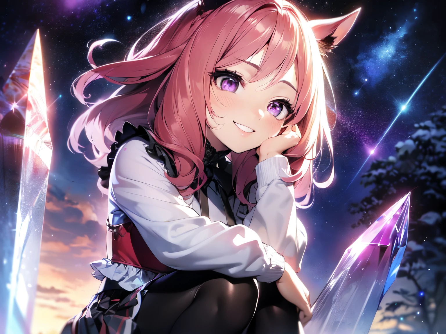 (((solo, solo, solo))). (((mature woman with horse ears and horse tail))). ((squatting with legs spread, hands behind head, hands between legs)). (((looking at camera, smiling, ahegao, orgasm, sexually aroused))). (((erotic outfit, high neck lace outfit, black see-through neck, black see-through sleeves, black pantyhose, high waisted ruffled skirt))). Redhead, long curly red hair tousled in the wind. Narrow purple eyes. Thick eyebrows. Long eyelashes. Blusher. Lipstick. Watery eyes. (((purple background, crystal forest, crystal ground, crystal chunks, starry sky))). (upper body close-up, shot from below). (full anatomy, UHD, Retina, masterpiece, accurate, anatomically correct, ultra detailed, high quality, award winning, best quality, high resolution, 16k)