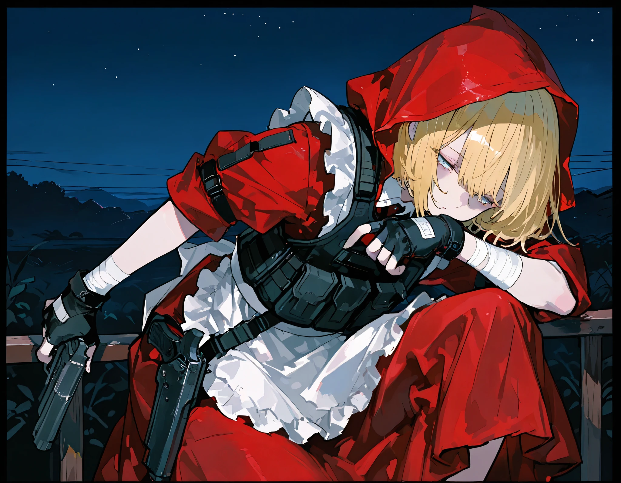 (best quality, highest quality:1.2), masterpiece, top quality, ultra high definition, rich contrasts, HD, 8k, High Definition CG Unit Wallpaper, texture, Unbelievably Absurd, ultra high definition, RAW photos, Deep border :1.2, very detailed, stylish pose,
1girl, solo, blonde hair, tired hair, red riding hood, handgun,
Expressionless, half closed eyes, (slit pupils, light blue eyes, bangs), bob cut, long eyelash,
Tactical vest, (red maid dress, red long skirt, put on the hood:1.2), white frill, white long maid apron, black fingerless gloves, arm bandage, night sky,
score_9, score_8_up, score_8,source_anime,