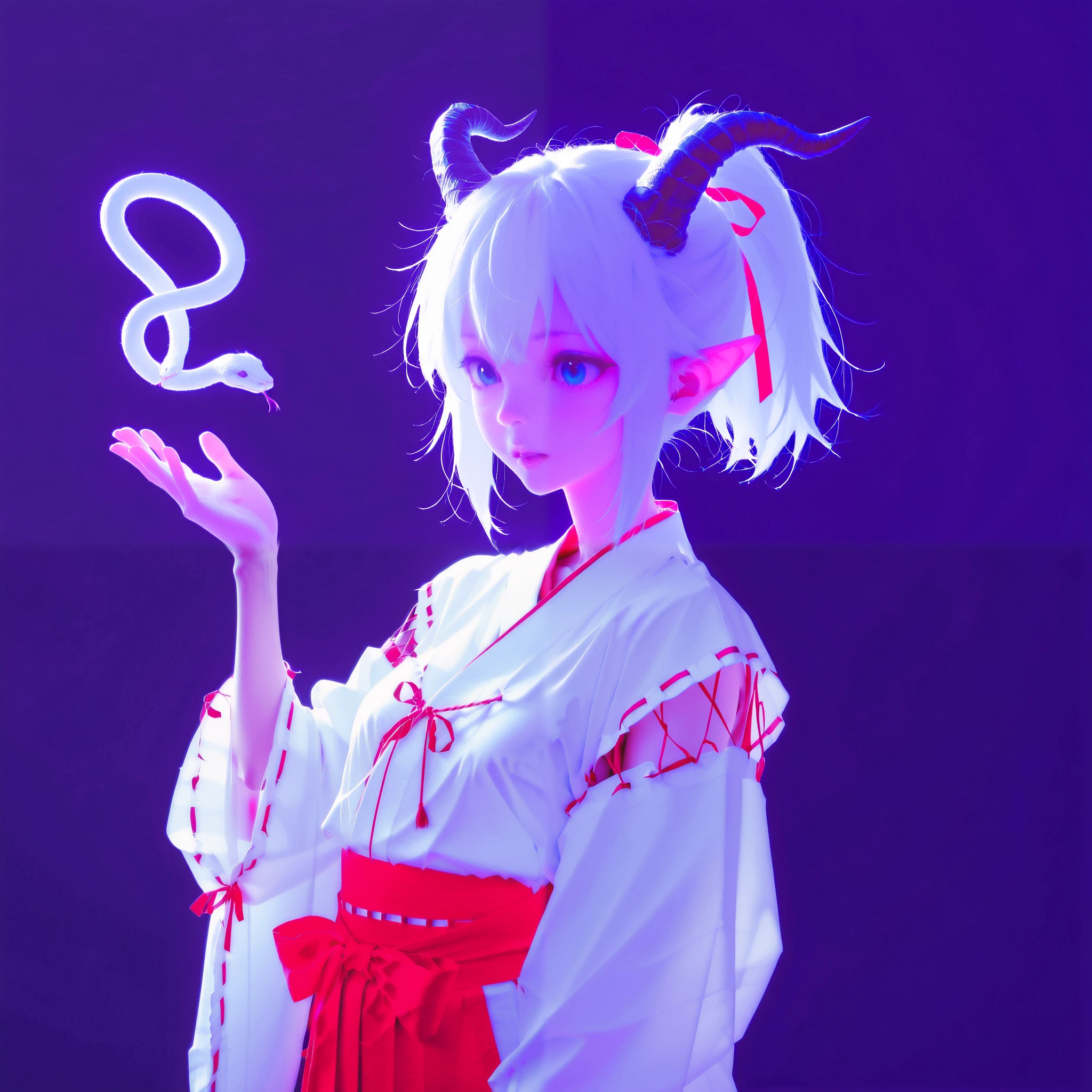 (best quality),(High Resolution),Dragon's Eye ,1 girl, short hair, blue eyes, o, Medium Chest, ponytail, white hair, Black Horns, pointed ears, goat horn , double pigtail, Alone,Snake's Eye,Miko costume