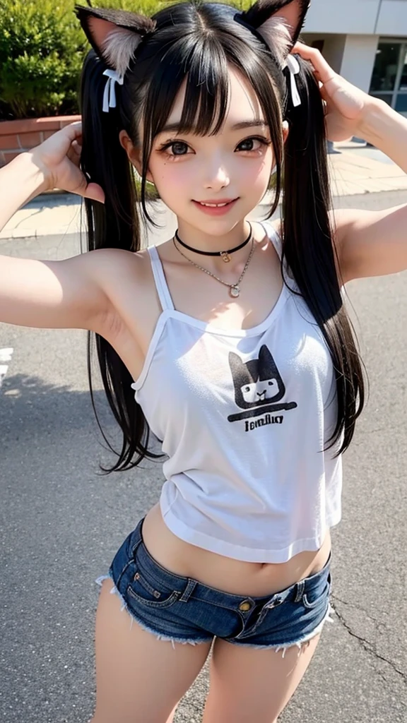 Very cute face、smile、14 years old、girl、Fluffy long hair、Beautiful legs、Beautiful body、Thin legs、White skin、Black T-shirt、Black mini skirt