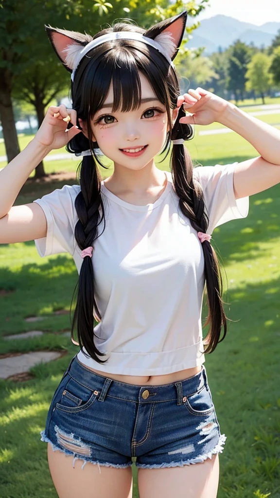 very young japanese girl, shorts, turtleneck sweater bare shoulders, looking at viewer innocently , side shot, shot from the side, mini shorts, skinny, long black hair, bangs, blue eyes, perfect face, shy, blushing, hourglass figure, at a fruit vendor on a street market in japan, eating a big banana
