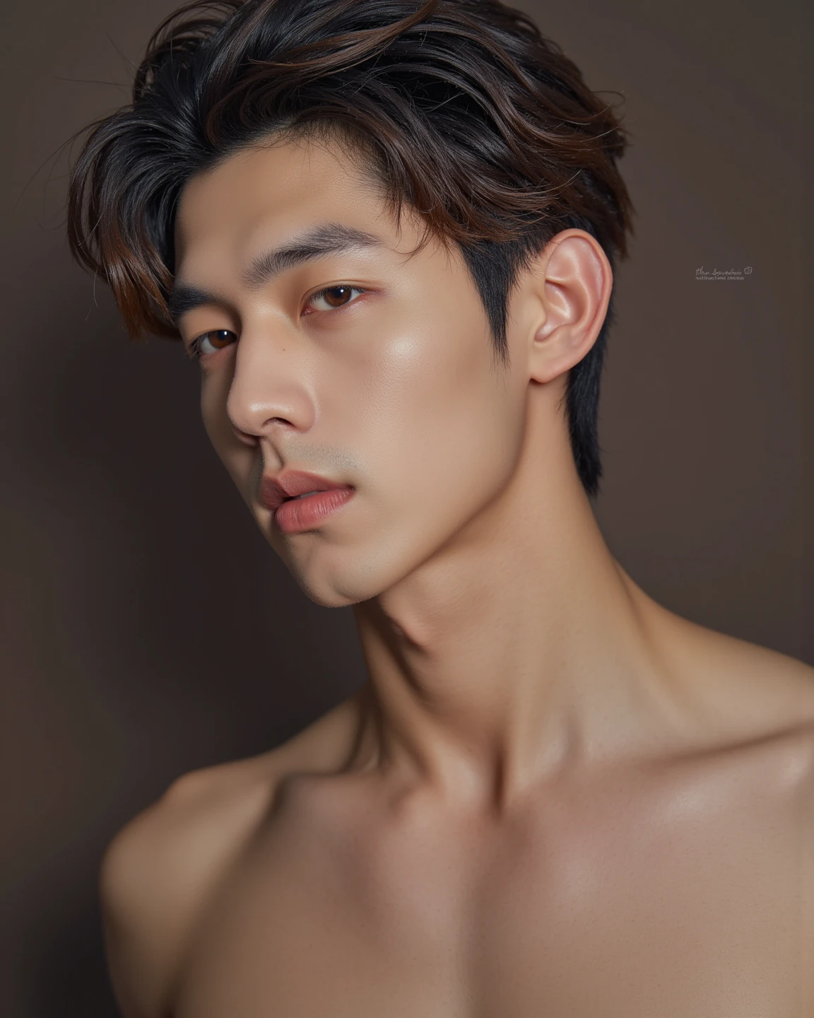 ((Best quality, 8k, Masterpiece :1.3)), upper bod y, Sharp focus: 1.2, one boy 20, with perfect figure, Highly detailed facial and skin textur e, Detailed eyes, Double evelids, Interior view, f erpect lighting, Glowing skin,