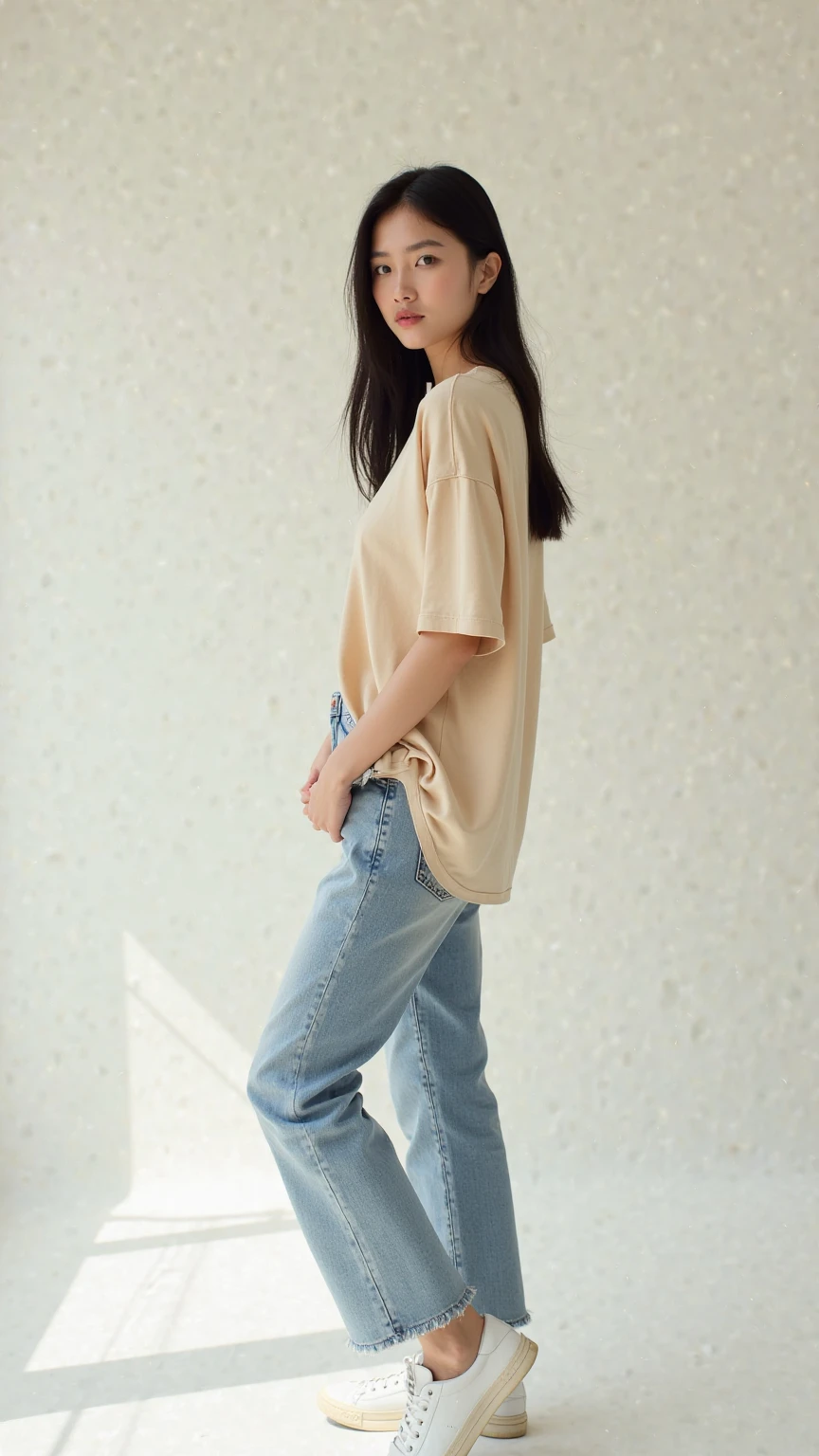 ((masterpiece,top-quality)), (photographrealistic:1.4),((masutepiece,8K)),hight resolution, Japanese, 1 beautiful woman, Medium Hair, faint thin bangs, Age 32 years old, Detailed skin, long-sleeve, T-shirt, wide-leg pants, Standing, White background, White Room,white walls, fully body photo