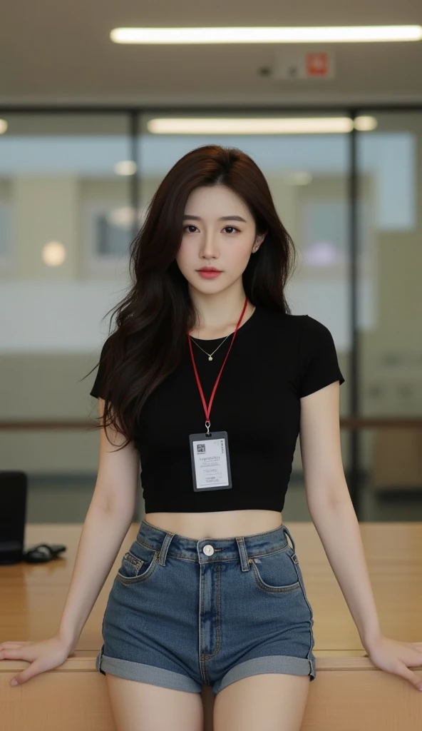 【Night Interior Real Lighting】 【Hospital Hall:2.0 Hall Exterior Counter 】 Slim Abs Hips Cocked Buttocks】 Tongue Cap】 【Black Hair, Dark Brown Hair, Bobo Head, Setback, Long Hair, Layered Haircut】 【Super Fine Face, Round Face】 【Long Eyelashes, Solid Round Eyes, Fine Eyes, Delicate Eyes, Double Eyelids】 【Ear Blush】 【Highly detailed face and skin texture, whitened skin】 【Light smile】 【(Short sleeves, shorts, half-sleeved clothing, surrealism, shadows, relief, atmospheric perspective, 8k super detail, accuracy, best quality, 4k natural light, best quality Realistic lighting, masterpiece, clear focus]