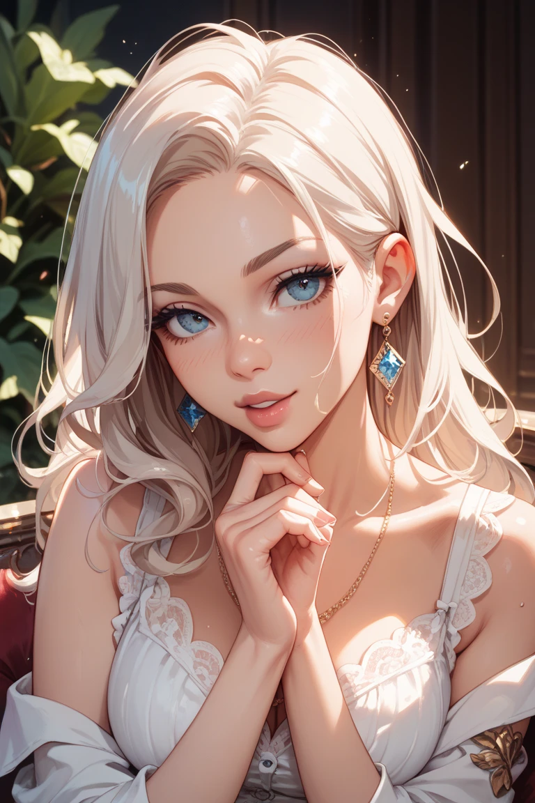 (best quality, ultra-detailed, photorealistic: 1.39), bright and vibrant colors, studio lighting, romantic expression, An effeminate girl, with a delicate and beautiful face. She is a girl who reflects seductive beauty, sparkling eyes, extremely beautiful woman, lips parted, white hair