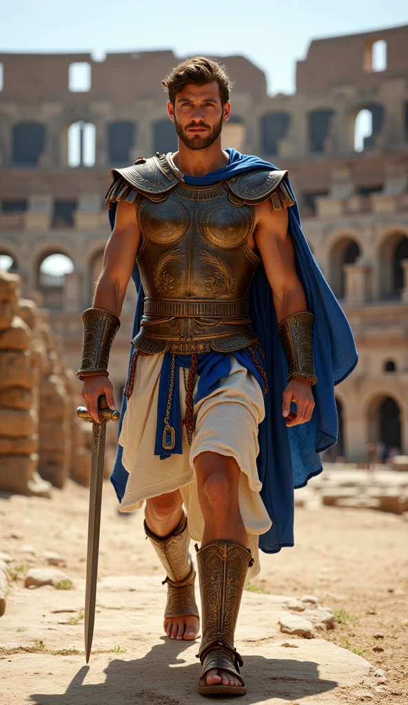 Young man with short blond hair and yellow eyes, with a well-structured physique, using the following equipment from Greek mythology, Achilles' armor, the boots of Hermes and the shield of Athena, he will have to have wings and holding the spear of Achilles. 4K