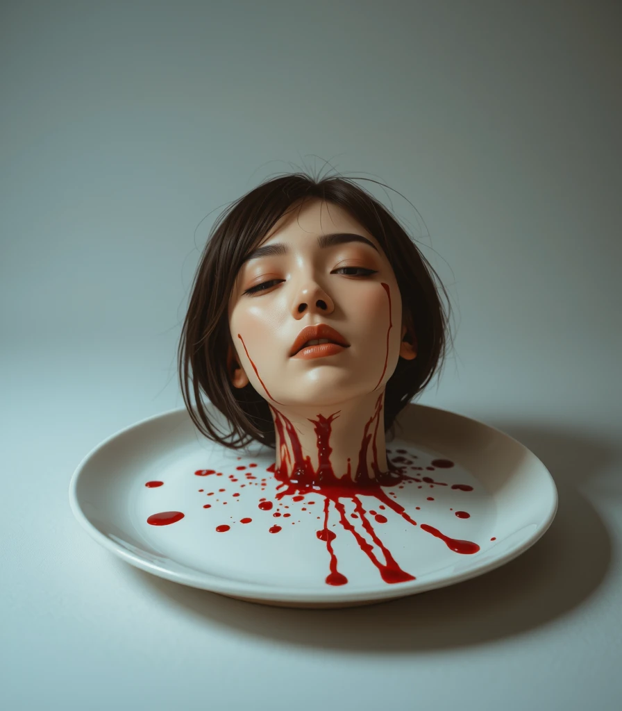 arafed with blood on her head sitting on a plate, blood dripping down the head, vomiting blood, inspired by Gottfried Helnwein, horror photo, wet dripping hair, scary horrifying satanic rituals, japanese horror movie footage, pale woman covered with blood, japanese horror, horror photography, bloody scene, puking blood, horror film still