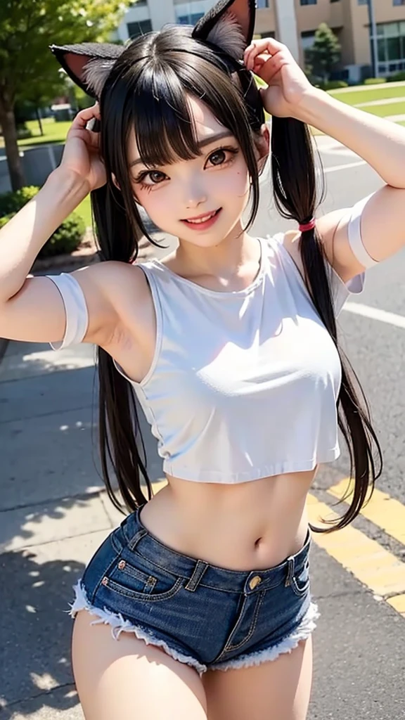A realistic painting of a Japanese girl with ash-colored medium-long hair wearing a torn black and silver off-the-shoulder cropped jersey, a torn white cropped T-shirt, and torn silver and black short cargo pants, crossing a collapsing bridge、8K、RAW Photos、Highest quality、Real、Photorealistic、Professional Lighting、mix4、20d、Beautiful Teenage Woman、1 female、Big beautiful eyes、Larger breasts、whole body、Thin body type、Bold Pose、Sexy pose