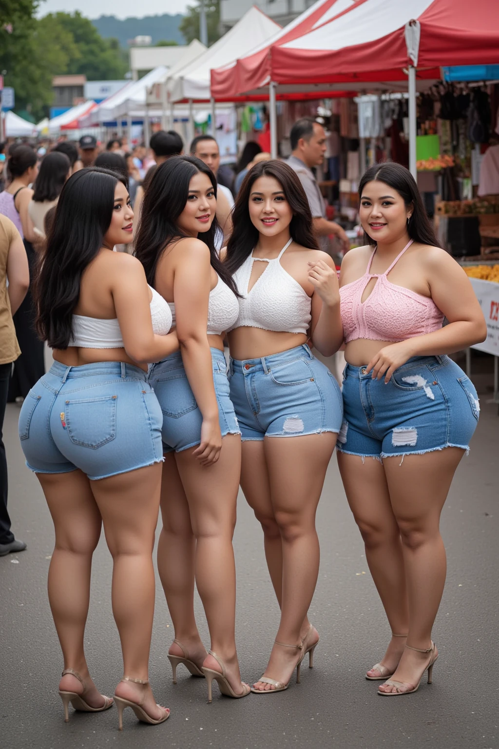 3Fatgirls freinds group , fat body , thick body , thick waist and thick hips , soft curvy body sape , thick hips , widest hips ,smooth whight skin , round face , red lips , smile , long brown stable heir , long lage, red shoes large breasts, large hip, one hand in pocket , classic jeance shorts, Yallow long shorts, full body view long distance camera angle , Face around back side , hip on front on camera , environment night city light Crowded