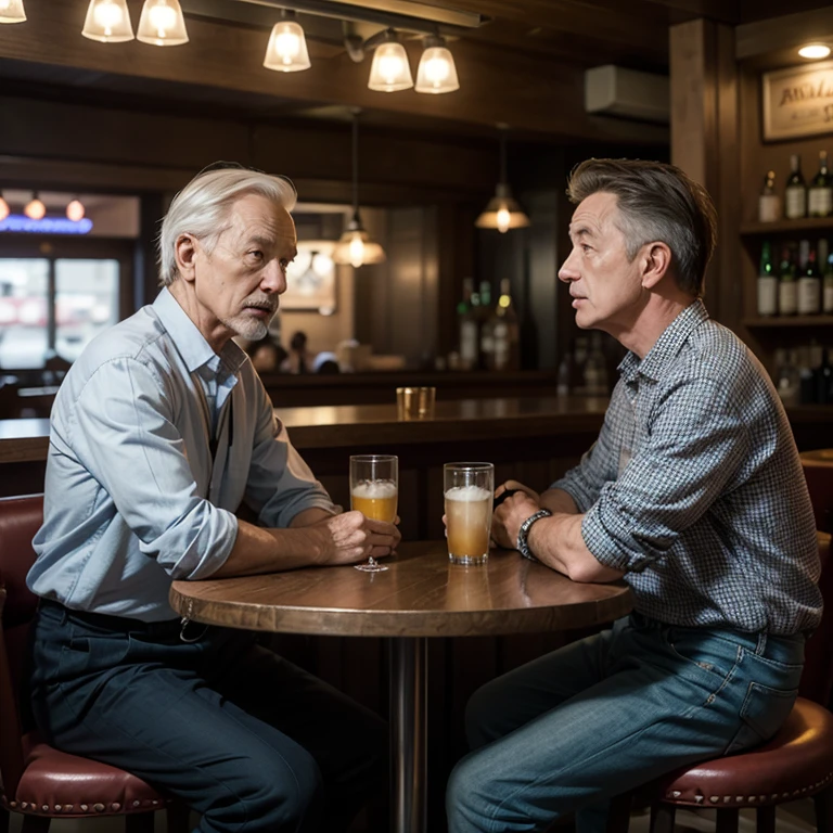 A visitor tells stories while sitting on a chair at the bar counter, an elderly muscular bald bartender in a white shirt listens attentively to a visitor.