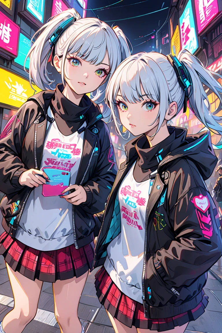 1 girl, two braids located on either side of the head, close to white pink hair, wearing a black leather jacket, bad girl