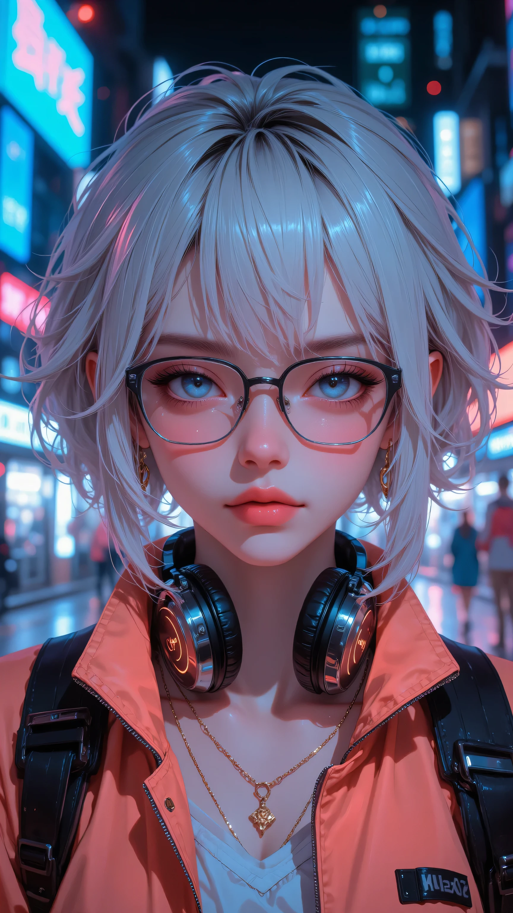 Anime girl with headphones and glasses in a city at night - SeaArt AI