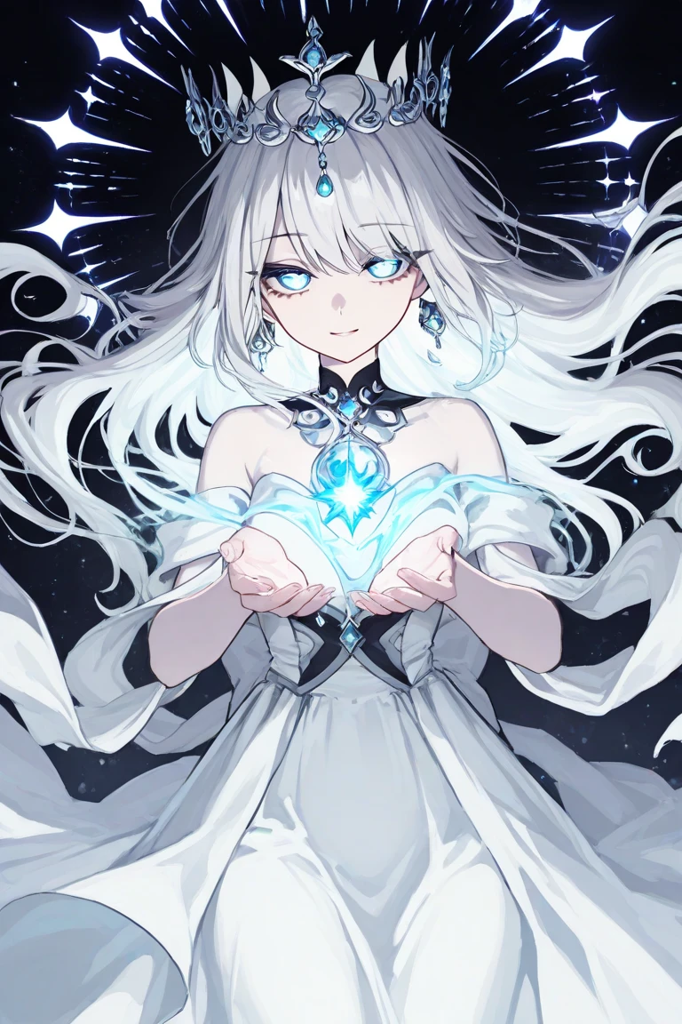 (((Obra maestra, La mejor calidad, ultrahigh resolution))), 1girl, standing, celestial dress, white and silver dress with constellation designs, long silver hair, flowing hair, pale skin, deep violet eyes with silver flecks, ((ultra detailed eyes, beautiful and detailed face, detailed eyes))), ((centered)), serene expression, ((wide shot)), facing viewer, eye level, (starry night sky background, nebulae in the background), diadem with amethyst, glowing softly, hands raised slightly, (ethereal glow around her), defined subject, 17 years old, celestial warrior, night sky theme