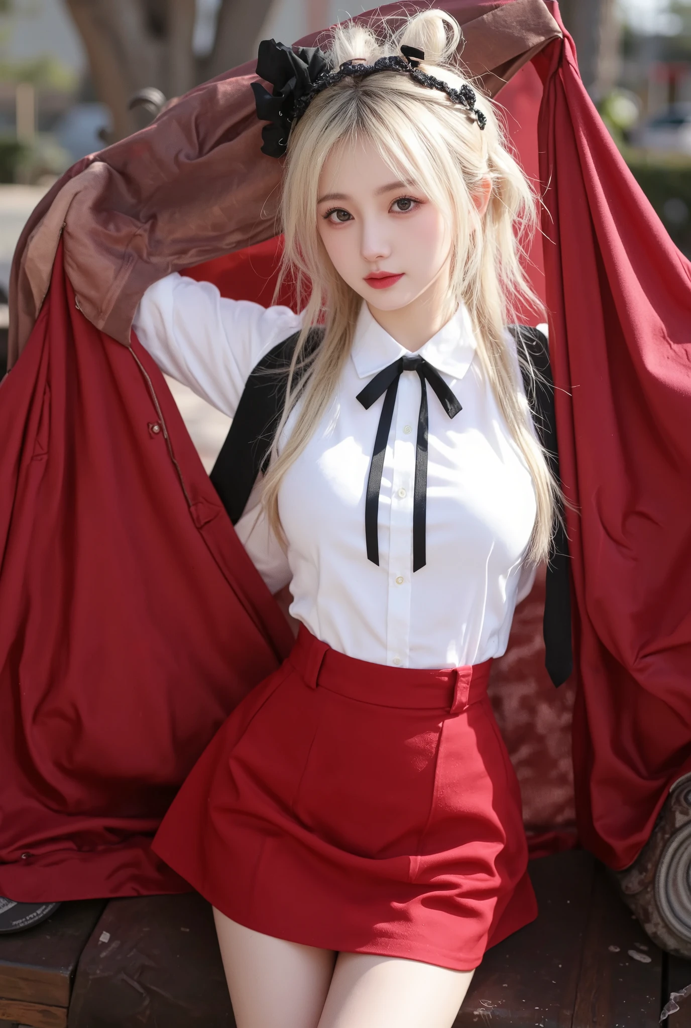  masterpiece, high resolution, High quality,  extremely detailed, red miniskirt,  black ribbon, white shirt,