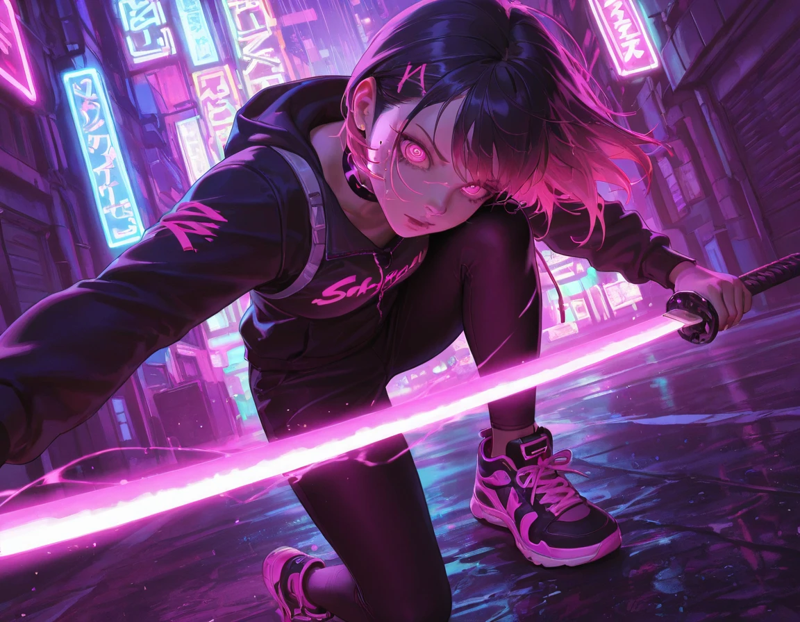 1girl, stylish sneakers, streetewear, cybernetic, detailed face, expressive eyes, detailed facial features, striking pose, dynamic movement, urban setting, neon lights, rainy atmosphere, dark shadows, cyberpunk style, digital art, 4k, ultra-detailed, hyperrealistic, cinematic lighting, dramatic colors, neon palette, dynamic angle, dynamic view, katana, intricate detailed katana, detailed face and eyes, yellow vibrant,