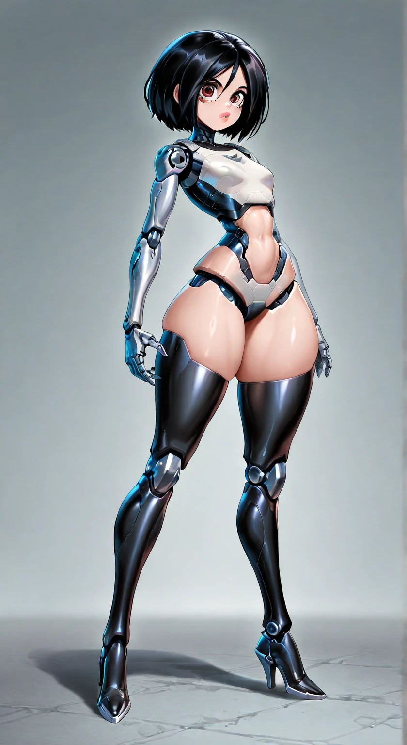 (1GIRL, alone, 独奏), (super detailed face), (Black Long Hair:1.2), (BIG BUTTOCKS, 11 LINE ABS, CLEAVAGE, HUGE FAKE BREASTS:1.5), (MECHA GUARD ARM:1.3), (A girl wearing sexy clothing,scantily clad,Whit cyberpunk sexy maillot,tight clothing,maillot,tight,fitting closely,High slit tight fitting clothing,Glowing eyes,Gloves,(A huge chest:1.4),Large area of skin,The only person,lackluster in one's eyes,A cold expression,White woman,mechanical artificial limb,Mechanical neck,mechanical high heel stiletto boots, Slim waist, Wide hips,High target,Full body portrait,完美的woman身体,woman形象,High-tech laboratory,woman,a voluptuous figure,Mechanical joints,Cyberpunk,Half of the chest is not covered,Thigh gap, Ceramic material,Hollow waist,Facing the audience,very short shaved hair,White hair,crew cut,tomboy, giant breasts, giant ass, very curvy, shiny silver hair, bright blue coloured eyes, cyborg, robotic arms,mechanical parts,Bare thighs,Sexy clothing,Mechanical headphones,Expose buttocks,Bare waist,Large area skin exposure, MECHA GUARD ARMOR LEGS, HIGH HEELS:1.5), (THICC MUSCULAR FEMALE BODY, SEXY LONG LEGS:1.1), (LOOKING AT VIEWER:1.3), (female focus:0.886),(BRIGHT LIGHTING:1.5), ULTRA HIGHT DEFINITION,Whit,highleg leotard,cyborg,cyberpunk