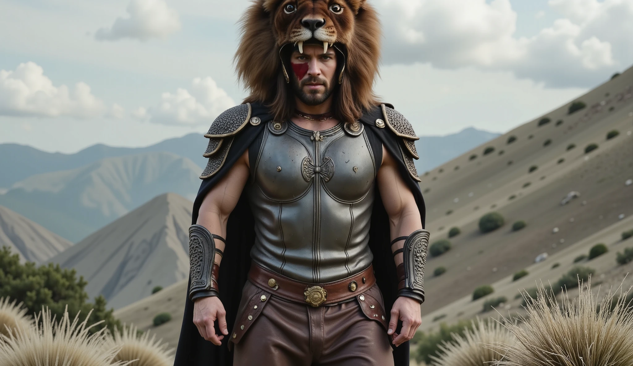 Hercules wearing his lion armor. His helmet is the head of a lion. The scene is realistic with a wide frame. His armor is dirty with dust and blood, and his cape is dusty. blood, dust, greece, action, walking.
