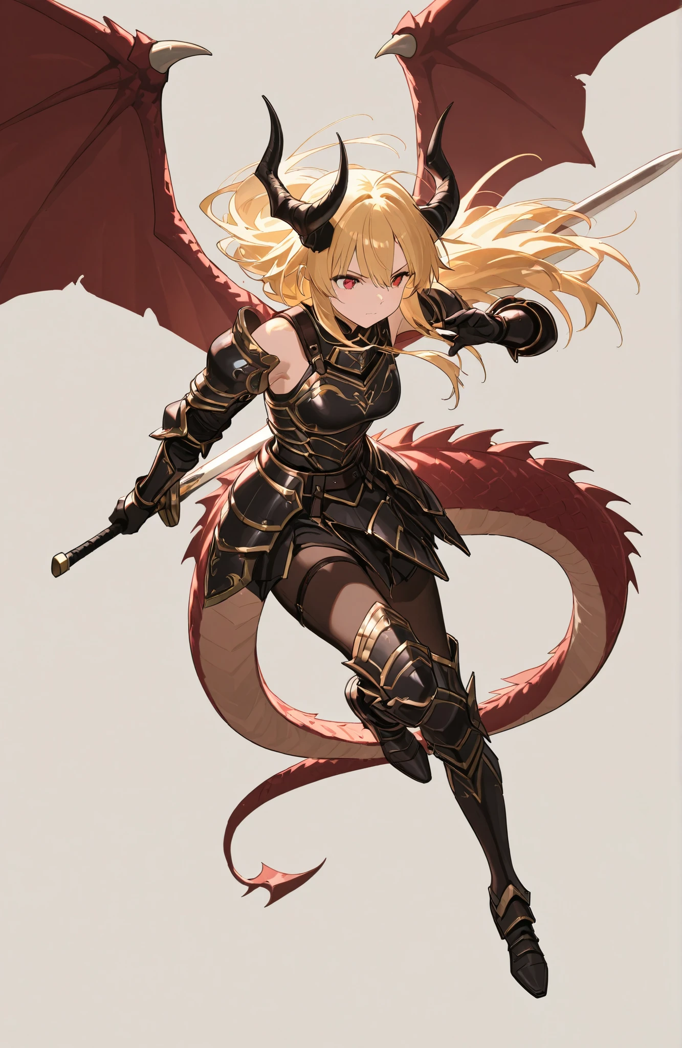 full body、horn、dragon tail、1 girl,  fight scene、full body、Long sword、simple background、armor、Dragonface