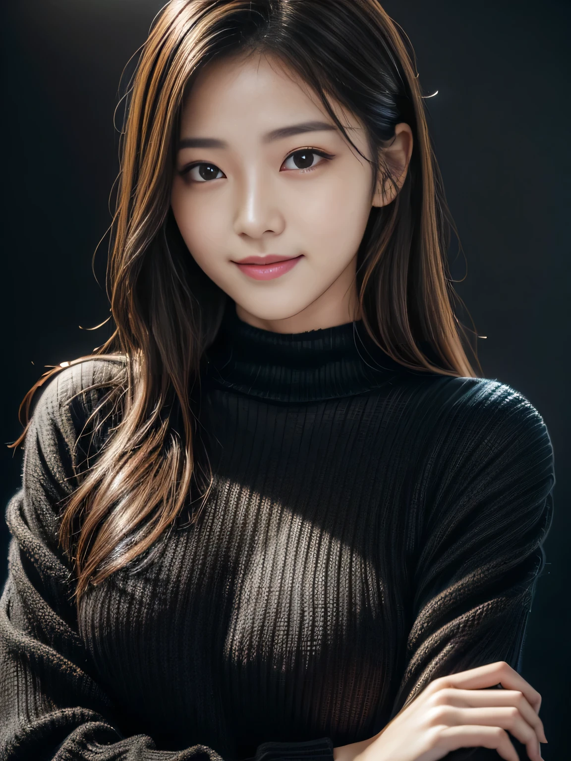 Highest quality, product quality, masterpiece, 8K, photorealistic, Clearer images, Beautiful attention to detail, Hyperrealism, Ultra HD, photorealistic, Realistic skin texture, Best image quality, Ultra-high resolution, In detail, Japanese idol, 19 yo, portrait, Beautiful Face, (wearing loose black knit worn casually:1.2), light brown hair, Beautiful hairstyle, looking at viewer, ((Dark background)), (discret smile), feminine,