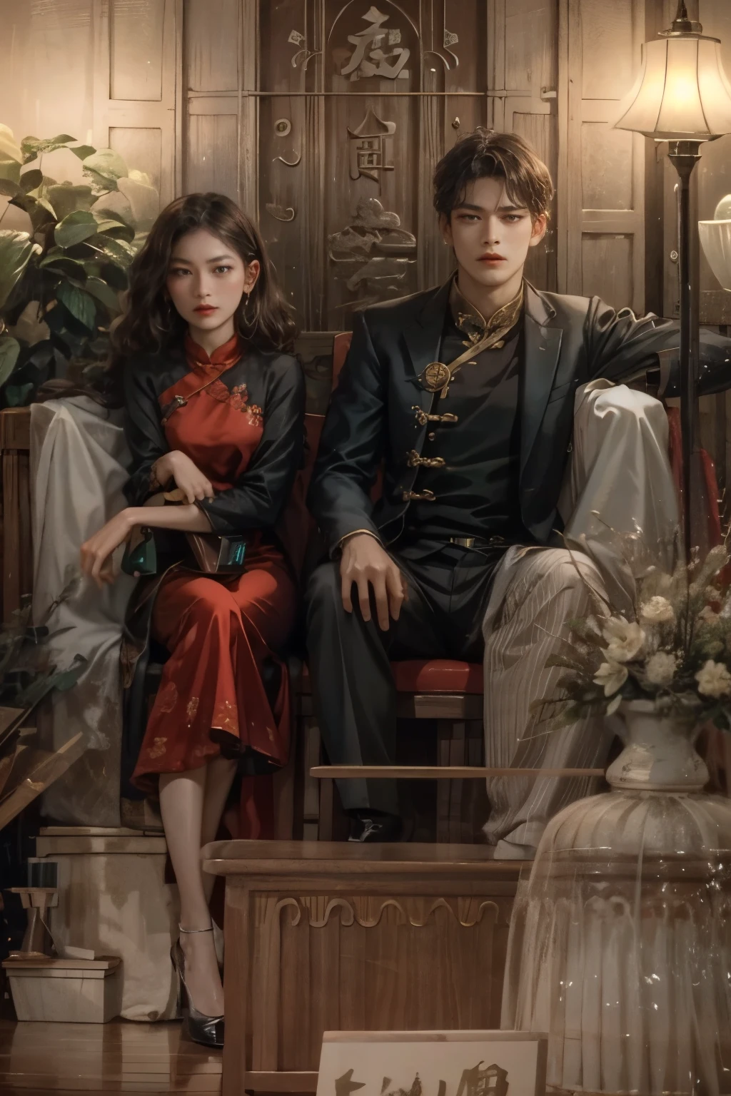 Woman cross-legged, man in Chinese cheongsam, black hair, 70s China, looking at viewer, indifferent face, Great Wall background, retro red woman's cheongsam, full body, both seated, front view, wide angle, sharp, with table in the middle, ผู้ชายหล่อ, ผู้หญิงสวย, คู่รัก, นั่งหันหน้าตรง, ภาพวาดหน้าปกนิยาย