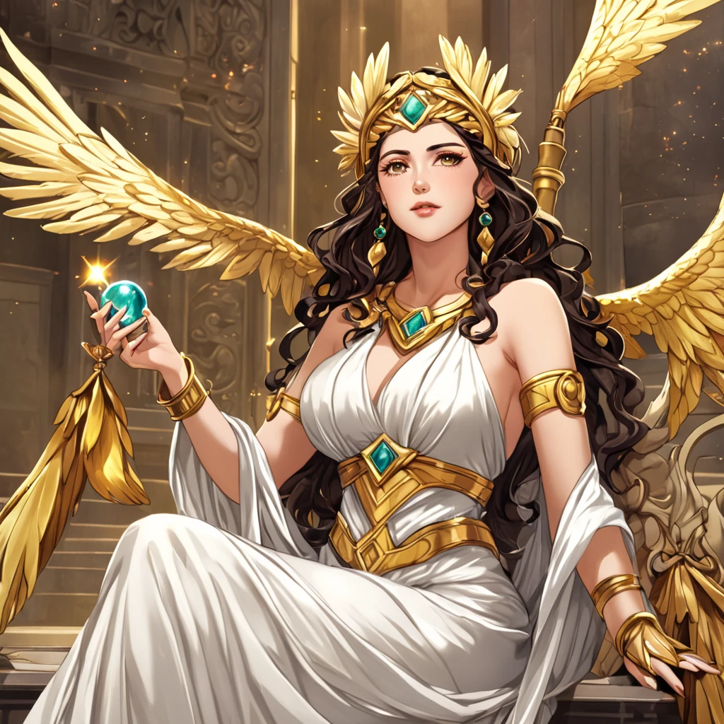 masterpiece, best quality, (extremely detailed CG unity 8K wallpaper), (best quality), (best illustration), (best shadow), absurdres, realistic lighting, (Abyss), beautiful detailed glow, art by PeterMohrBacher, Oval face with aristocratic features, deep blue almond eyes that reflect wisdom and authority. Long jet black wavy hair, often decorated with a golden diadem studded with gems. Clear and luminous skin, with a subtle shine that denotes its divine nature. Tall and slender, with an elegant and majestic posture. He wears a white silk Greek tunic, cinched at the waist with a gold belt. The tunic has gold embroidery on the edges, representing peacocks, symbol of Hera. Wear gold bracelets and necklaces inlaid with emeralds and sapphires, complementing her status as queen of the gods. He holds a golden scepter in one hand, symbol of his authority and power. bottom: A heavenly palace with marble columns, lush gardens and clear skies. In the background, you can see peacocks, their sacred birds.
