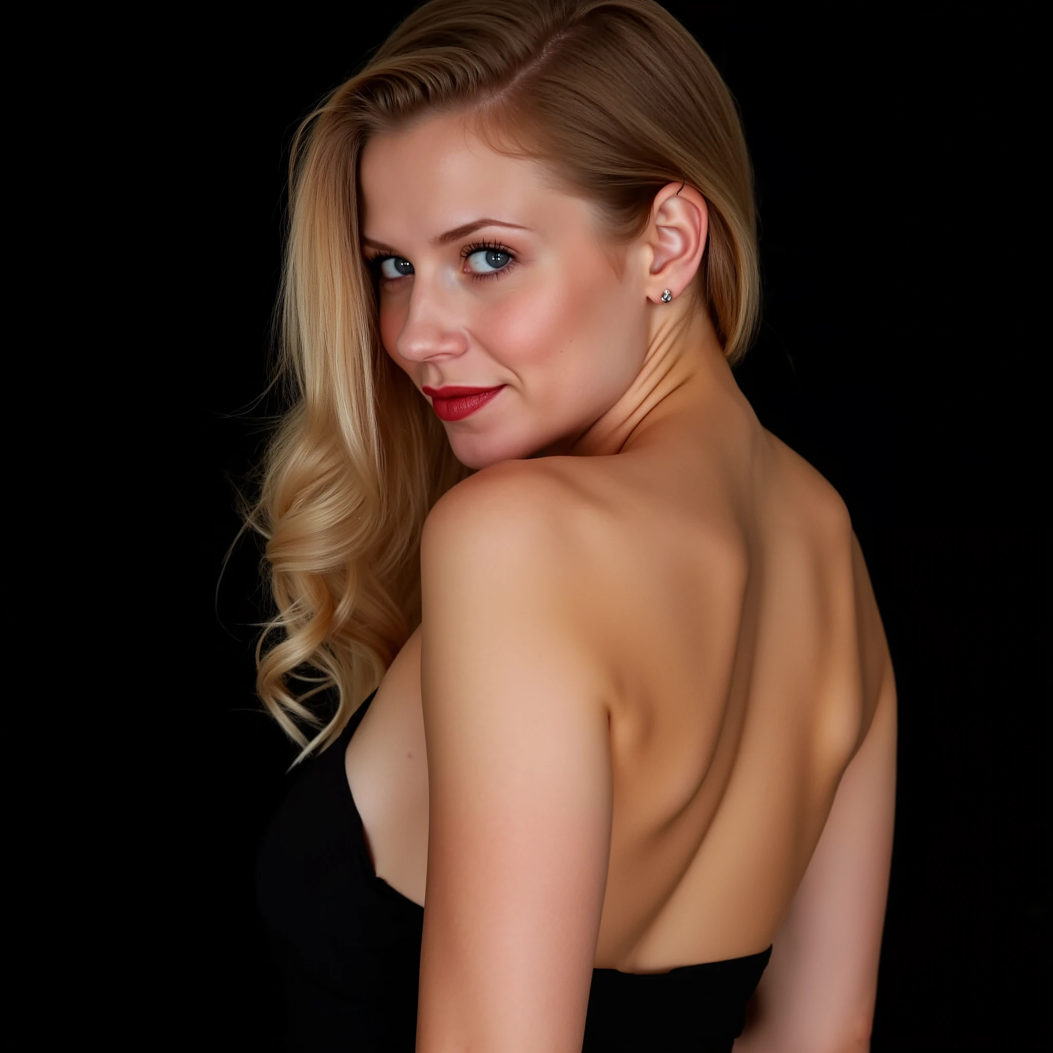 A portrait of a young woman with a side profile. She has long, wavy blond hair that cascades down her back, and her skin appears smooth with a soft glow. Her eyes are captivating lined with makeup, makeup, red lipstick, with a hint of contemplation. The background is solid black background. wearing backless black dress, revealing the contours of her back and shoulder., painting