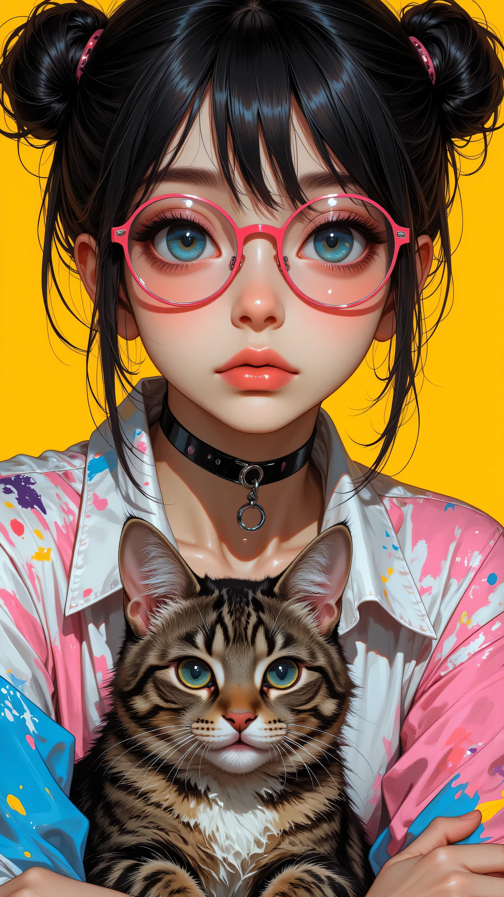 8k, Masterpiece, Top Quality, Close-up, high-angle, large eyes, blue eyes, dark hair, buns, pink glasses, round glasses, paint-splattered shirt, pink shirt, blue shirt, white shirt, choker necklace, circular pendant, melancholic expression, pensive expression, tabby cat, grey cat, brown cat, yellow background
