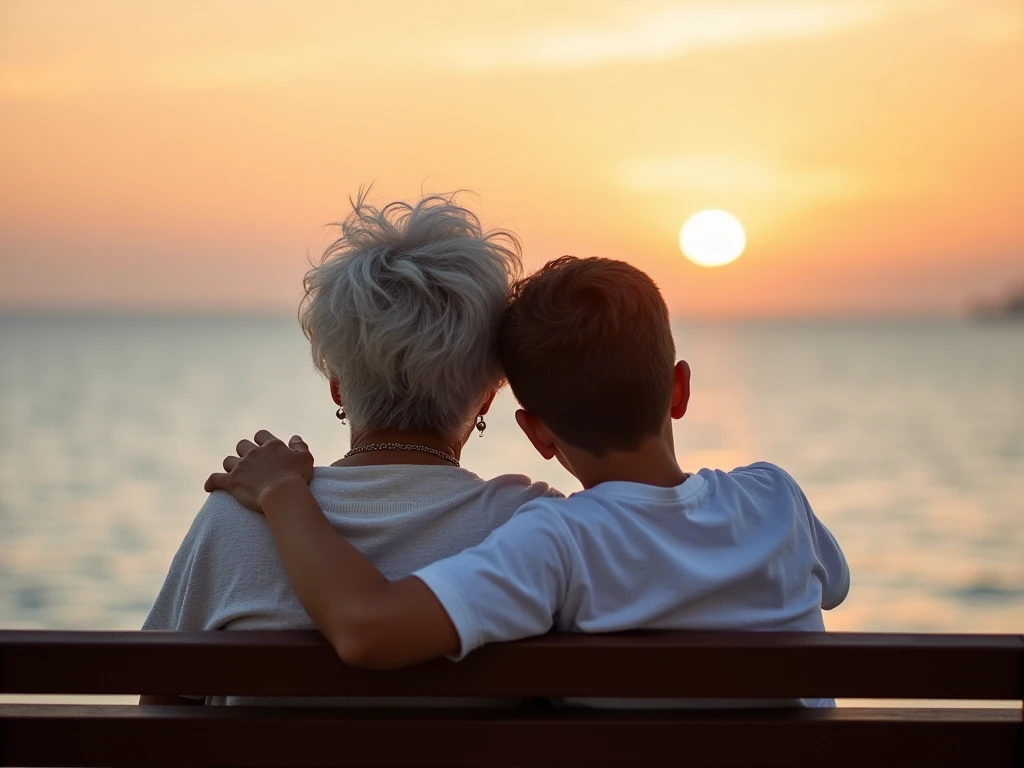 An old man and a child are sitting on the beach watching the sunrise. The perspective is from the back.