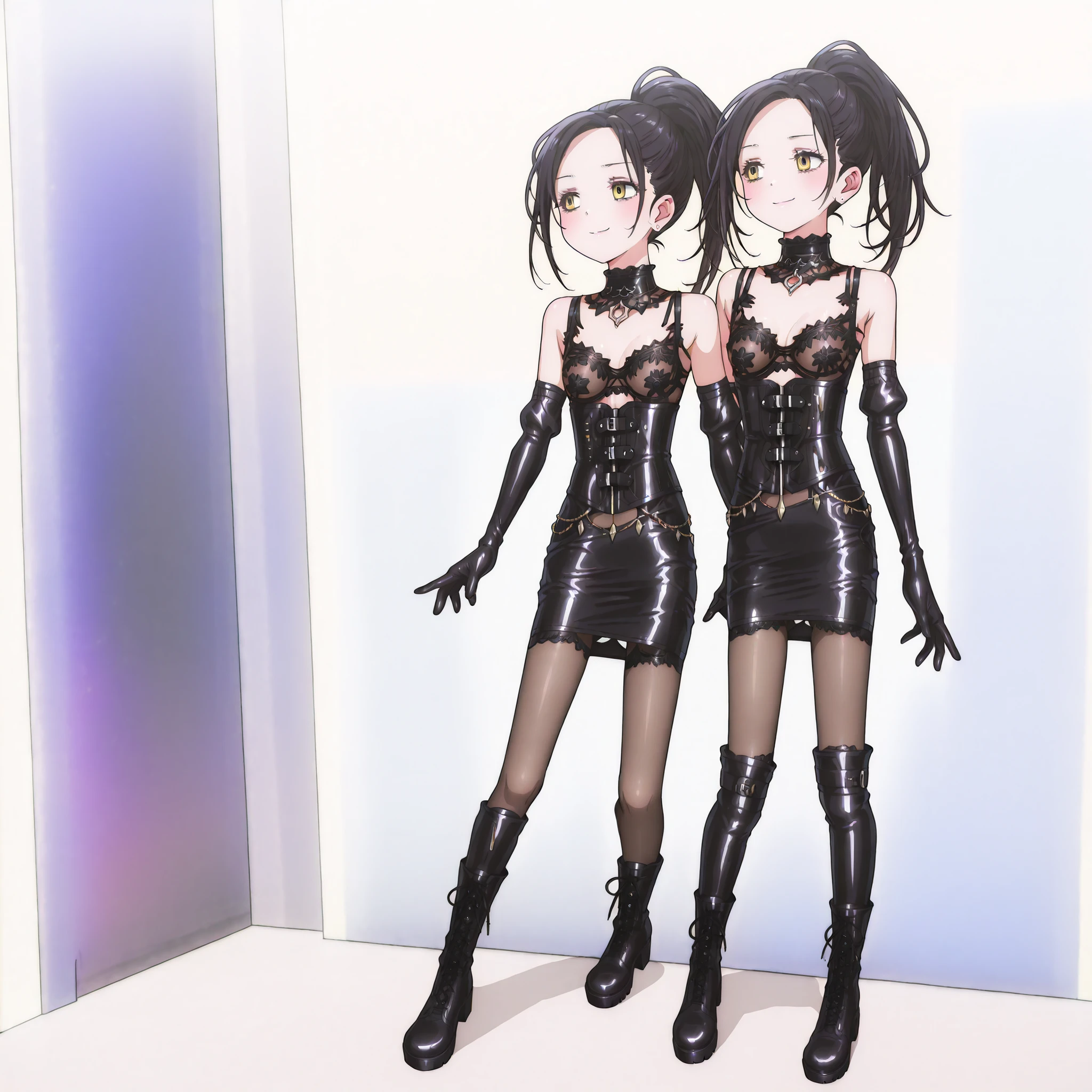 standing、full body、erect nipples、small bust、delicate、 slim figure、Sheet Cutting 、 coral in the role of a girl、red leather collars are handed to viewers:1.8、Bondage、 queen、spouse、(((One Girl)))、(((Alone:1.8)))、(((black latex elbow gloves:1.4)))、(((black latex corset dress:1.4)))、(((crotch corset dresses are adorned with beautiful lace)))、(((Corset Dress with Shoulder Straps)))、(((Black Latex Tight Mini Skirt:1.4)))、(((black thigh-length boots with open shoulders:1.4)))、(((black rubber tights:1.2)))、((( Slender heeled boots that kick men:1.4)))、((( long boots:1.4)))、((( long boots:1.4)))、(((black latex high leg panties)))、((( black latex bra)))、(((Black leather collar)))、wide thigh opening:1.2、 Highlighted beautiful eyes、beautiful skin、 Two Anatomically Perfect Arms 、Two anatomically perfect legs、( perfect 4 fingers and 1 thumb )、最高masterpiece、masterpiece、high image quality、High resolution 8k、detailed face、detailed eyes、 straight long black hair、ponytail、 with golden eyes 、earrings 、 smug 、:1.4
