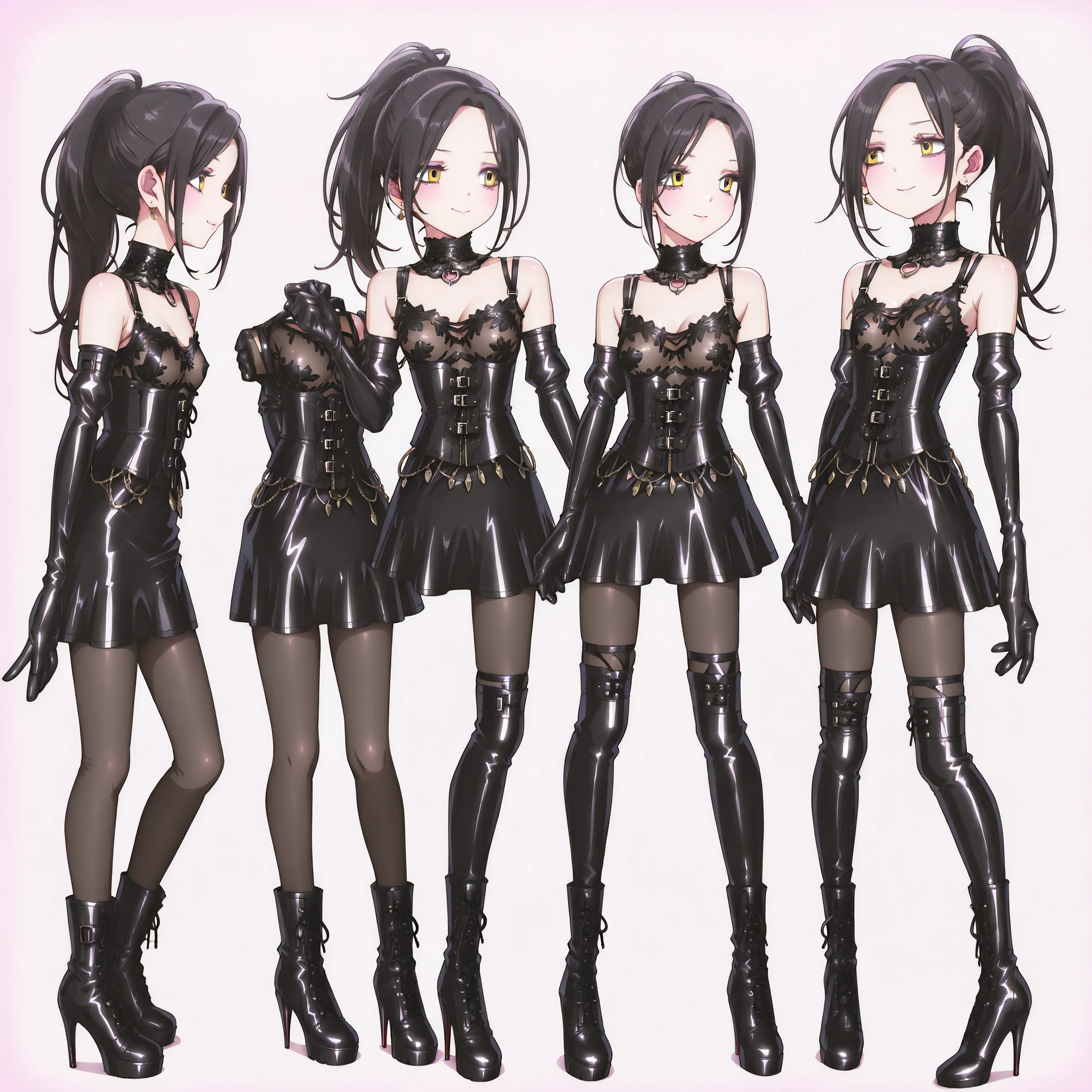 High quality, Ultra detailed, best quality, insanely detailed, beautiful, masterpiece、standing、full body、erect nipples、small bust、delicate、 slim figure、Sheet Cutting 、 coral in the role of a girl、red leather collars are handed to viewers:1.8、Bondage、 queen、spouse、(((One Girl)))、(((Alone:1.8)))、(((black latex elbow gloves:1.4)))、(((black latex corset dress:1.4)))、(((crotch corset dresses are adorned with beautiful lace)))、(((Corset Dress with Shoulder Straps)))、(((Black Latex Tight Mini Skirt:1.4)))、(((black thigh-length boots with open shoulders:1.4)))、(((black rubber tights:1.2)))、((( long boots with slender heels that kick a man:1.4)))、((( Stiletto long boots:1.4)))、(((black latex high leg panties)))、((( black latex bra)))、(((Black leather collar)))、wide thigh opening:1.2、 Highlighted beautiful eyes、beautiful skin、 Two Anatomically Perfect Arms 、Two anatomically perfect legs、( perfect 4 fingers and 1 thumb )、最高masterpiece、masterpiece、high image quality、High resolution 8k、detailed face、detailed eyes、 straight long black hair、ponytail、 with golden eyes 、earrings 、 smug 、:1.4