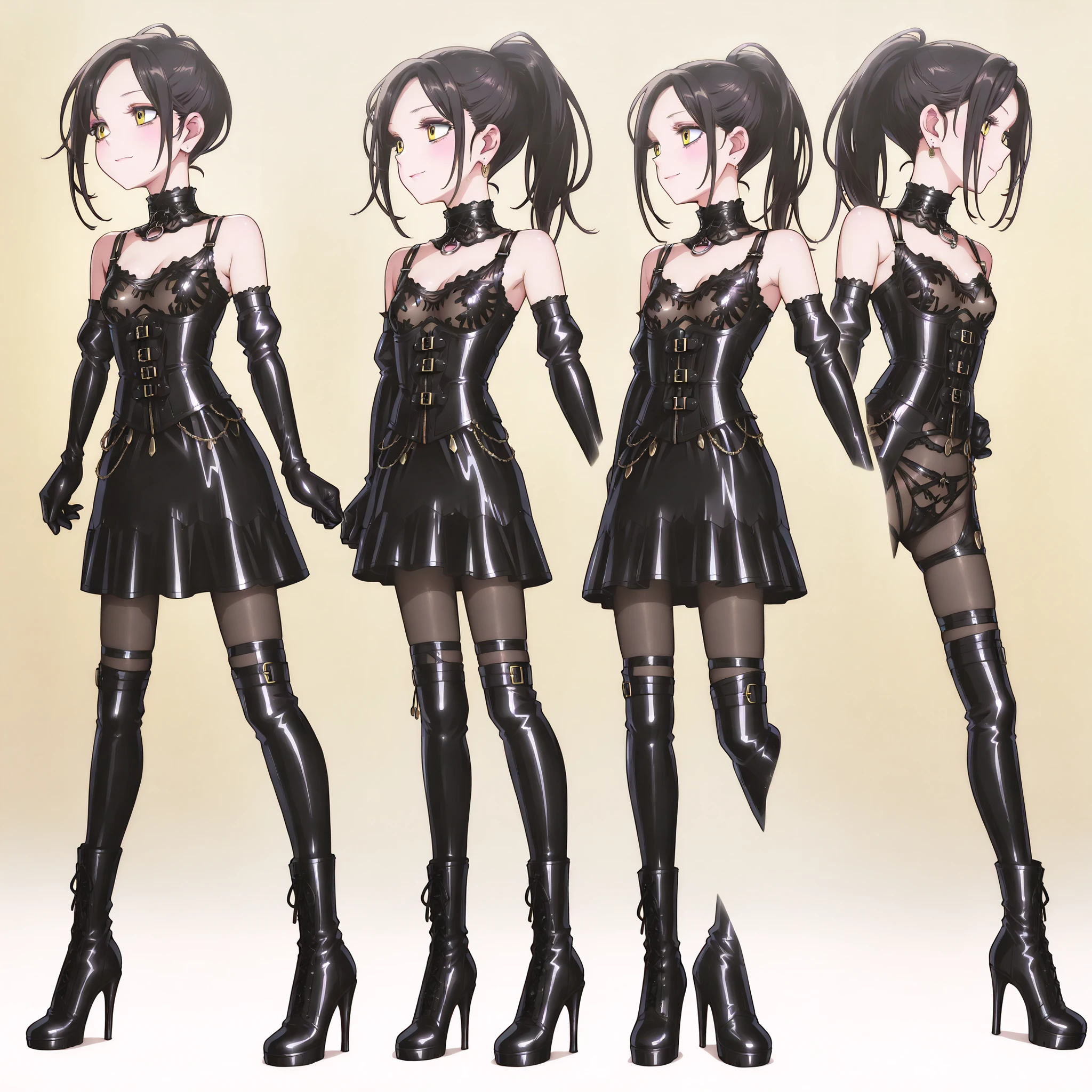 High quality, Ultra detailed, best quality, insanely detailed, beautiful, masterpiece、standing、full body、erect nipples、small bust、delicate、 slim figure、Sheet Cutting 、 coral in the role of a girl、red leather collars are handed to viewers:1.8、Bondage、 queen、spouse、(((One Girl)))、(((Alone:1.8)))、(((black latex elbow gloves:1.4)))、(((black latex corset dress:1.4)))、(((crotch corset dresses are adorned with beautiful lace)))、(((Corset Dress with Shoulder Straps)))、(((Black Latex Tight Mini Skirt:1.4)))、(((black thigh-length boots with open shoulders:1.4)))、(((black rubber tights:1.2)))、((( long boots with slender heels that kick a man:1.4)))、((( Stiletto long boots:1.4)))、(((black latex high leg panties)))、((( black latex bra)))、(((Black leather collar)))、wide thigh opening:1.2、 Highlighted beautiful eyes、beautiful skin、  Two Anatomically Perfect Arms  、Two anatomically perfect legs、(  perfect 4 fingers and 1 thumb  )、最高masterpiece、masterpiece、high image quality、High resolution 8k、detailed face、detailed eyes、 straight long black hair、ponytail、 with golden eyes 、earrings 、 smug 、:1.4