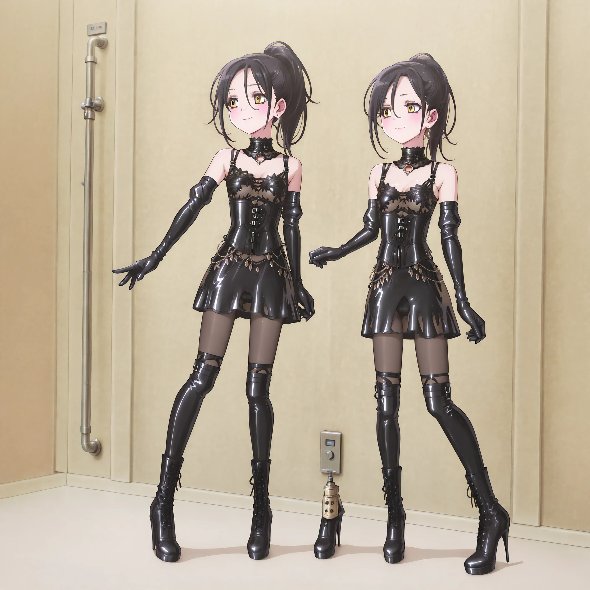 High quality, Ultra detailed, best quality, insanely detailed, beautiful, masterpiece、standing、full body、erect nipples、small bust、delicate、 slim figure、Sheet Cutting 、 coral in the role of a girl、red leather collars are handed to viewers:1.8、Bondage、 queen、spouse、(((One Girl)))、(((Alone:1.8)))、(((black latex elbow gloves:1.4)))、(((black latex corset dress:1.4)))、(((crotch corset dresses are adorned with beautiful lace)))、(((Corset Dress with Shoulder Straps)))、(((Black Latex Tight Mini Skirt:1.4)))、(((black thigh-length boots with open shoulders:1.4)))、(((black rubber tights:1.2)))、((( long boots with slender heels that kick a man:1.4)))、((( Stiletto long boots:1.4)))、(((black latex high leg panties)))、((( black latex bra)))、(((Black leather collar)))、wide thigh opening:1.2、 Highlighted beautiful eyes、beautiful skin、 Two Anatomically Perfect Arms 、Two anatomically perfect legs、( perfect 4 fingers and 1 thumb )、最高masterpiece、masterpiece、high image quality、High resolution 8k、detailed face、detailed eyes、 straight long black hair、ponytail、 with golden eyes 、earrings 、 smug 、:1.4