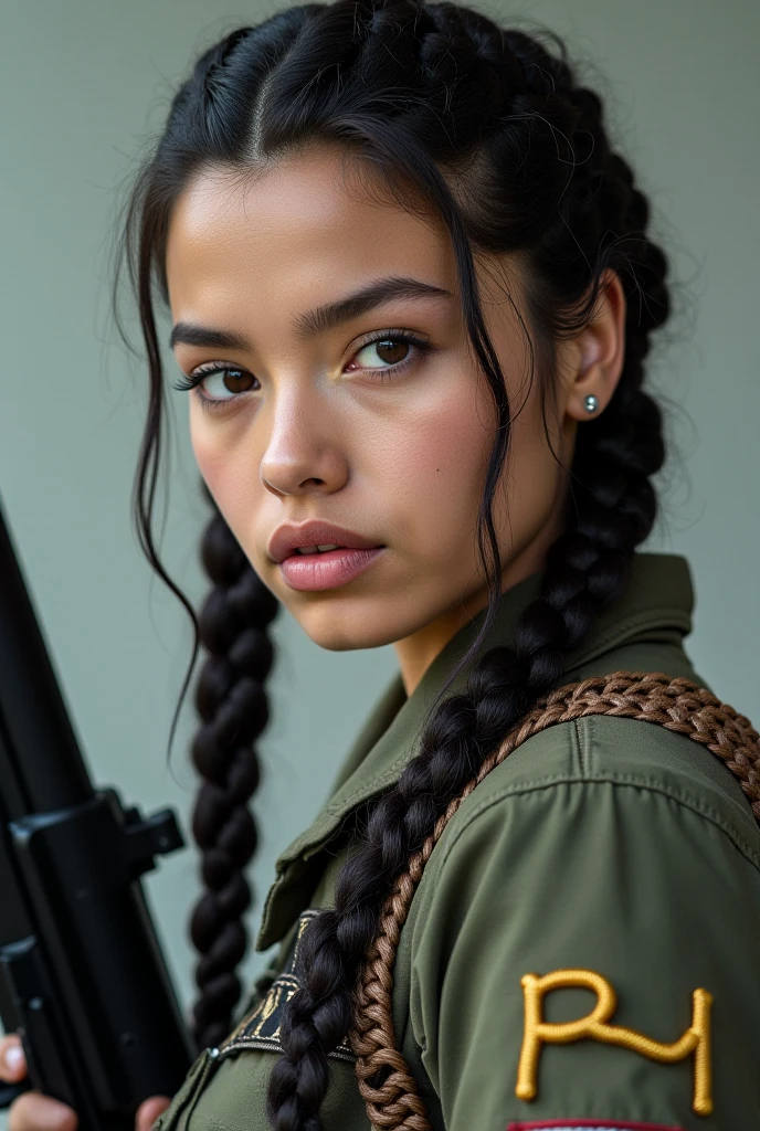 headshot photo of <lora:EvelinAndras_v1:.9> EvelinAndras, focus on face, wearing camo , her hair is styled as twisted ponytail hair,