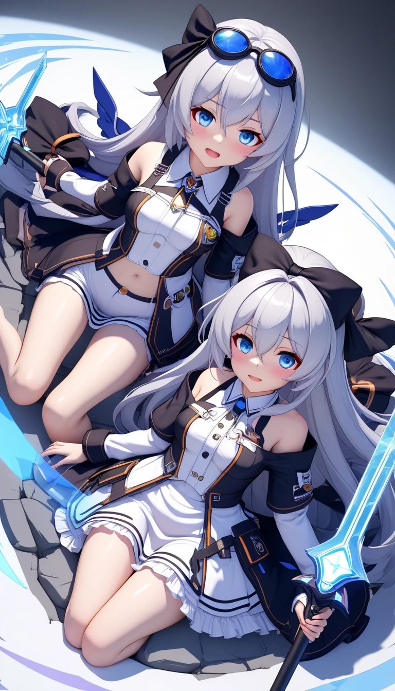 Shark Girl,delicated face,Elaborate Eyes,Blue eyes,Shark tail,Cap pocket up,Complicated details,Blue and white hair,anime big breast,Blue hoodie