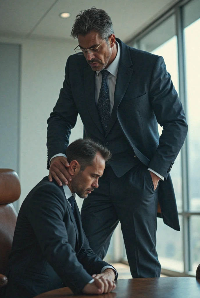 Create a hyper-realistic, high-resolution RAW image featuring TWO EXTREMELY HANDSOME MEN TOGETHER in a brightly lit office setting. The focus is on the intense interaction between the two men, with every detail rendered to achieve an absurdly realistic result.

Man A, Age 48: A strikingly handsome man with light-colored eyes and short hair showing early signs of balding. He is dressed in dark pants, formal shoes, and an open, extremely shiny black leather puffer jacket that exposes his hairy chest and slightly prominent belly. Man A is positioned on all fours on the office floor, wearing a visible expression of deep humiliation and forced submission. A collar, resembling that of an animal, is around his neck, and he is being pulled by it.

Man B, Age 31: The dominant figure in the scene, Man B is the boss, with short hair, light skin, and a naturally attractive, non-muscular build. He is dressed in sharp, well-fitted business attire, including a dress shirt and formal trousers. He stands tall next to Man A, gripping the animal collar with a smug, authoritative expression as he pulls it, forcing Man A’s head upward toward the camera. His body language and facial expression convey clear dominance and a sense of power over the humiliated employee.

The office is brightly lit, with clean, modern decor, enhancing the stark contrast between the submissive posture of Man A and the authoritative stance of Man B. The image should capture the fine details of their clothing, facial expressions, and the dynamic interaction, emphasizing the realism of the scenario and the power imbalance between the two men. Every aspect should be meticulously detailed to create an image of striking realism.