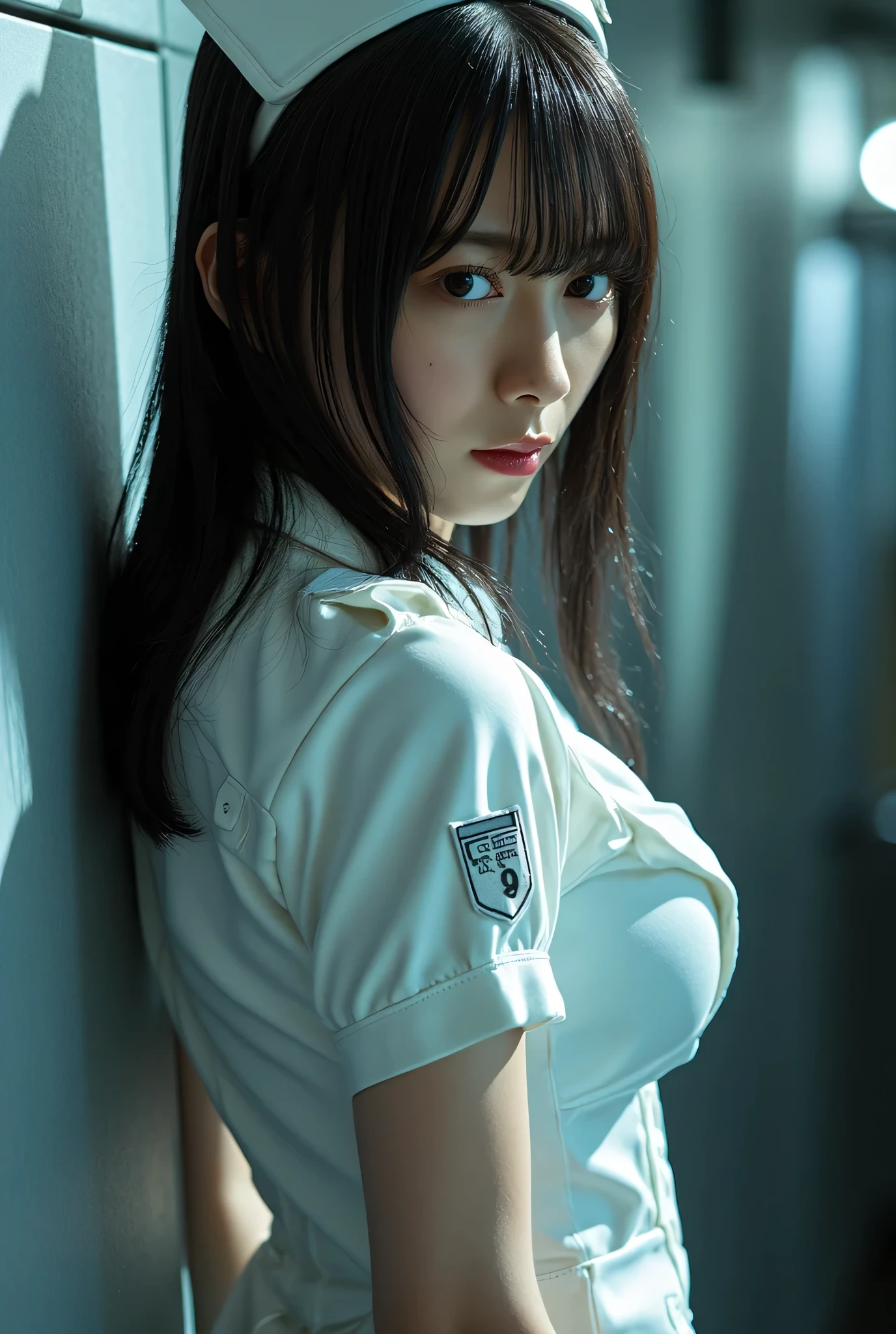 (((White nurse cap:2.0))),(((The dark interior of the Nostromo ship :2.0))),((( HR Gigger style cyberpunk atmosphere :2.0))),(((holding a syringe-style rifle:2.0))), standing,((full body:2.0)),one woman,(Cute Face),(Beautiful well-balanced face ),((long hair with bangs:2.0)),( black hair:1.5),(beautiful eyes:1.3),a glamorous shot of a 20-year-old Japanese woman, Slender Beautiful Body ,((model body type:2.0)),(( slim body with hot water:1.7)),perfect body line,ideal proportions,((big breasts:2.0)),((F cup chest wearing:1.5)),Big Breasts,Bare thighs,sensual thighs seen from below the crowd,delicate body,( Muscular:1.7),A harmonious posture,((Realistic breast depiction :1.7)),carefully depicting limbs based on perfect anatomy,((white super high leg plug suit in the style of a near-future nurse suit:1.5)),((white super high leg plug suit made of fitted cammy latex:1.5)),(((White nurse cap:2.0))),((Tactical Holster:1.5)),Concept Art,(top quality:1.5),(masterpiece:1.5),(Ultra-high resolution),resolution,UHD,( delicate depiction), carefully drawn with butterfly wings ,32K,((realistic skin texture:1.5)),((( super realistic :1.5))), eyelashes,very detailed face,Highly detailed female hand, Sexy appearance ,Very sensual,(Blurry Dim Backgrounds :1.5),professional photo shoot,(movie light:2.0),((Blade Runner-style lighting:2.0))