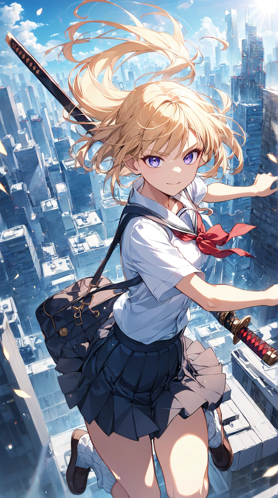 red eyes, blue jacket, blonde hair, hair over one eye, plaid skirt, ((masterpiece,best quality)),1girl, solo, sky, cloud,  skirt,  looking at viewer, short hair, building, neckerchief, long sleeves, cloudy sky, power lines, cityscape, scenery, city, night,  closed mouth  <lora:ruka:0.9>
