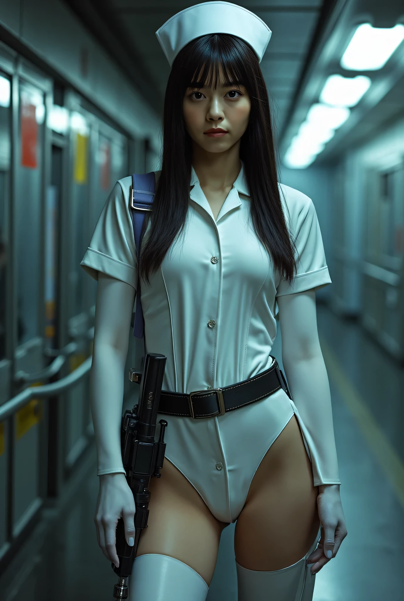 (((White nurse cap:2.0))),(((The dark interior of the Nostromo ship :2.0))),((( HR Gigger style cyberpunk atmosphere :2.0))),(((holding a syringe-style rifle:2.0))), standing,((full body:2.0)),one woman,(Cute Face),(Beautiful well-balanced face ),((long hair with bangs:2.0)),( black hair:1.5),(beautiful eyes:1.3),a glamorous shot of a 20-year-old Japanese woman, Slender Beautiful Body ,((model body type:2.0)),(( slim body with hot water:1.7)),perfect body line,ideal proportions,((big breasts:2.0)),((F cup chest wearing:1.5)),Big Breasts,Bare thighs,sensual thighs seen from below the crowd,delicate body,( Muscular:1.7),A harmonious posture,((Realistic breast depiction :1.7)),carefully depicting limbs based on perfect anatomy,((white super high leg plug suit in the style of a near-future nurse suit:1.5)),((white super high leg plug suit made of fitted cammy latex:1.5)),(((White nurse cap:2.0))),((Tactical Holster:1.5)),Concept Art,(top quality:1.5),(masterpiece:1.5),(Ultra-high resolution),resolution,UHD,( delicate depiction), carefully drawn with butterfly wings ,32K,((realistic skin texture:1.5)),((( super realistic :1.5))), eyelashes,very detailed face,Highly detailed female hand, Sexy appearance ,Very sensual,(Blurry Dim Backgrounds :1.5),professional photo shoot,(movie light:2.0),((Blade Runner-style lighting:2.0))