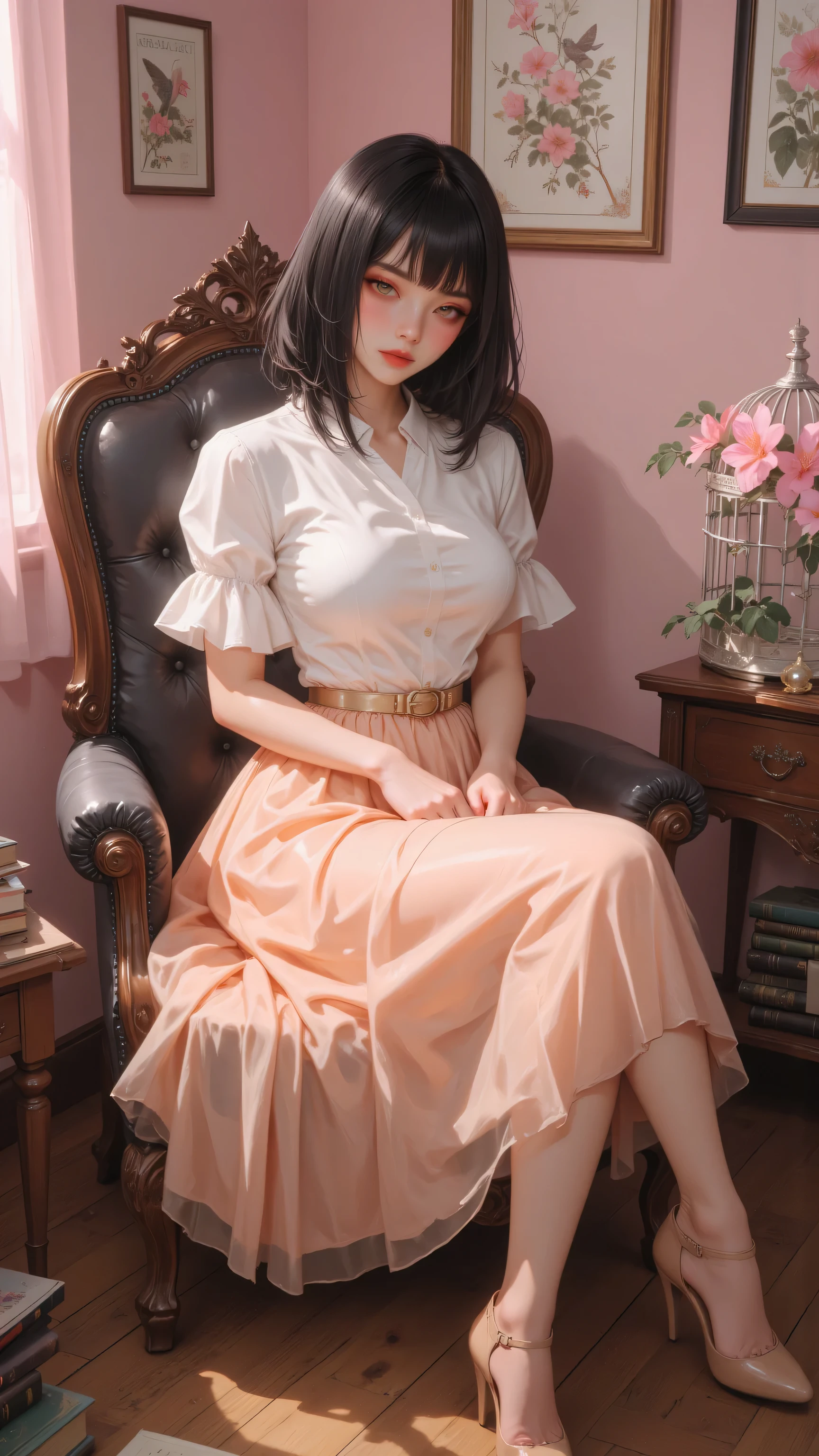 8k, Masterpiece, Top Quality, High-angle,  youthful, dark hair, bob,  pale skin, delicate features, white fitted top, bell sleeves, peach tulle skirt, thin gold belt, beige heels, graceful pose, legs crossed, hands in lap, dark chair, pink wall, books, pink flowers, birdcage, vintage poster, soft lighting, feminine, pastel tones.