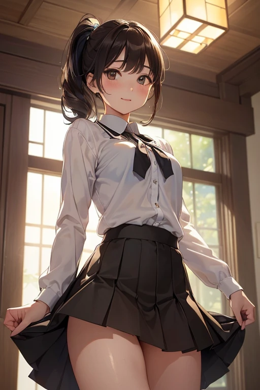 Sayuogi Wara, Sayu Ogiwara, Brown hair, (Brown eyes:1.5), Medium Hair,Take off your uniform, Bow, Red bow, taking off shirt, Skirt, Pleated skirt, Black skirt, Naughty big、REAK WATCH large full breast viewer, destroy the classroom,BREAK (masutepiece:1.2), Best Quality, High resolution, Unity 8k壁纸, (Illustration:0.8), (Beautiful detailed eyes:1.6), extra detailed face, Perfect Lighting, extremely details CG, (Perfect hands, Perfect Anatomy),A smile、(Skirt lift:1.3), (white  panties:1.3)、(Skirt that rolls up:1.3)、(Fully exposed panties:1.5)、