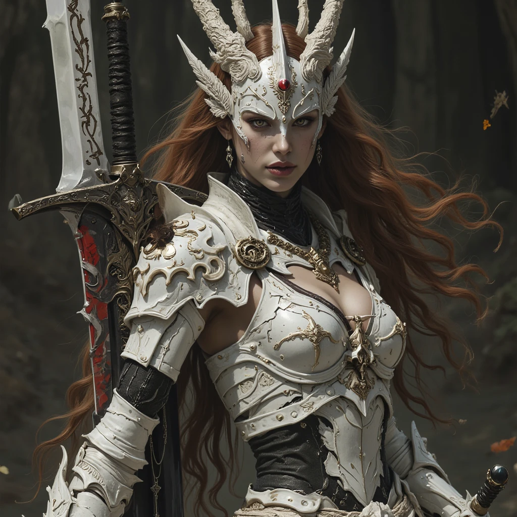 Real photo, extremely realistic. demon woman, porcelain skin, closed eyes, horns. black armor