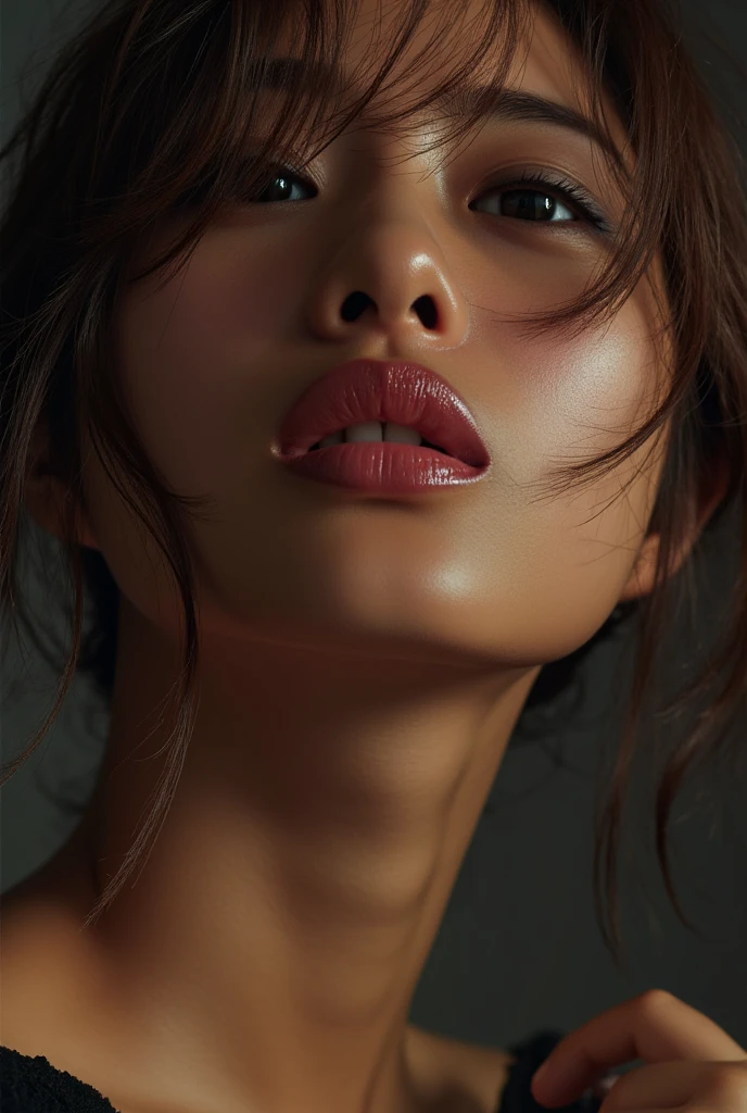 1girl in,masutepiece,,award - winning photo, Extremely detailed, edgOrgasm,Face Focus, Woman with mouth open and eyes closed, Woman with Edge _Face、30-years old,A dark-haired、Symmetrical face,Glossy skin、From  above、large full breasts、No lens distortion